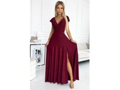 CRYSTAL - Dlouhé lesklé dámské šaty ve vínové bordó barvě s výstřihem 411-8