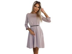 Béžové klasické trapézové dámské šaty s&nbsp;černým opaskem model 20698422 - numoco