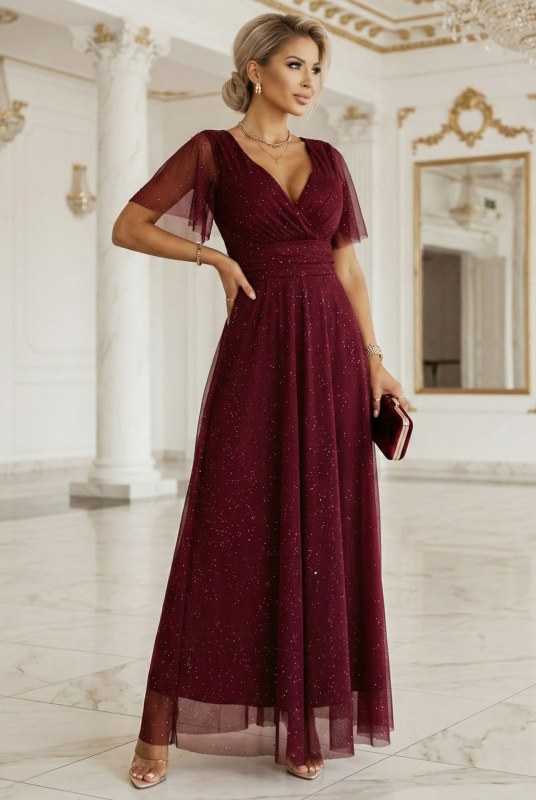 Dlouhé lesklé šaty vínové model 22018568 - numoco