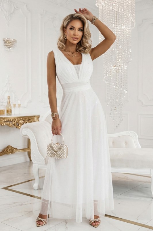 Dlouhé maxi šaty s a hlubokým výstřihem ecru model 22178024 - numoco