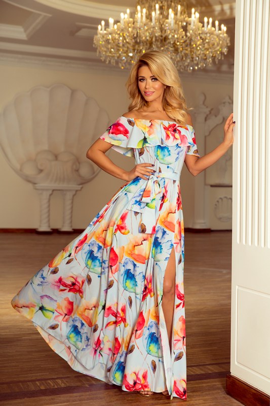 Dlouhé dámské šaty se vzorem květů a s výstřihem ve stylu model 6059209 - numoco - Dámské saka