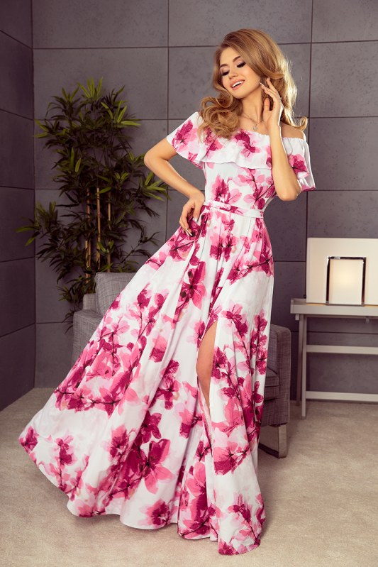 Dlouhé dámské šaty s květy a výstřihem model 6059216 - numoco - Dámské saka