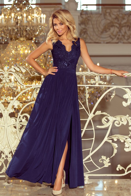 Dlouhé tmavě modré dámské šaty bez rukávů s vyšívaným výstřihem model 6369438