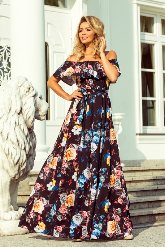 Dlouhé dámské černé šaty s barevnými květy a výstřihem model 7118058 - numoco - Dámské saka