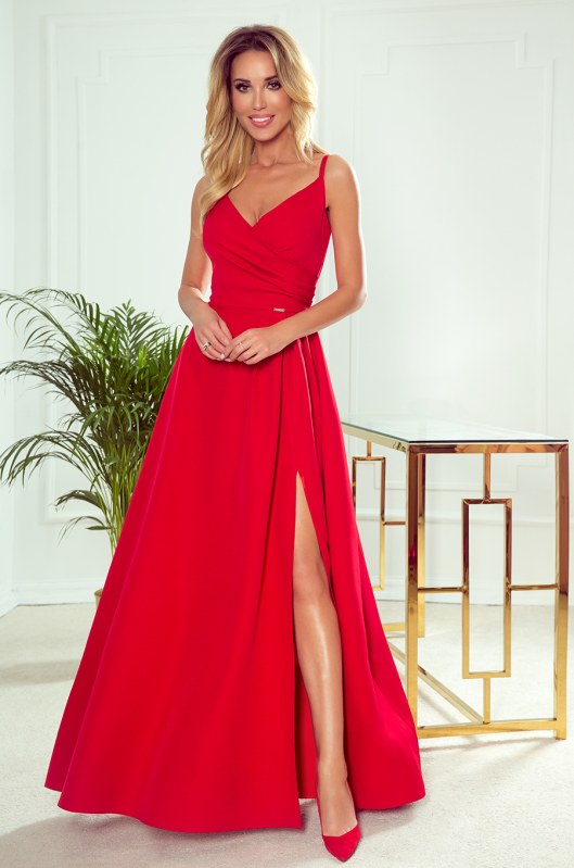 CHIARA Elegantní červené dámské maxi šaty na ramínkách model 8550122 - numoco - Dámské saka