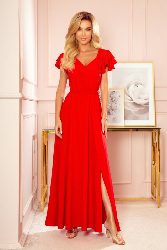 Dlouhé červené dámské šaty s volánky a dekoltem model 14557451 - numoco - Dámské saka