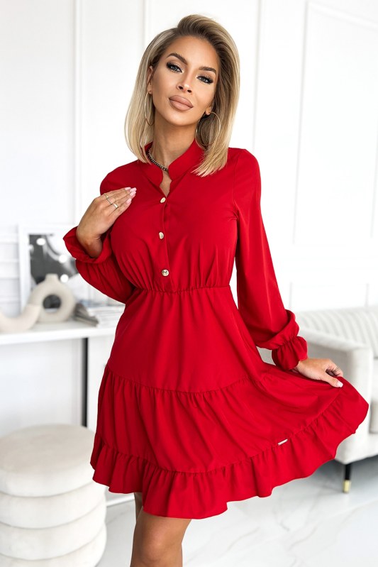 Červené dámské šaty s výstřihem a zlatými knoflíky model 17780083 - numoco - Dámské saka