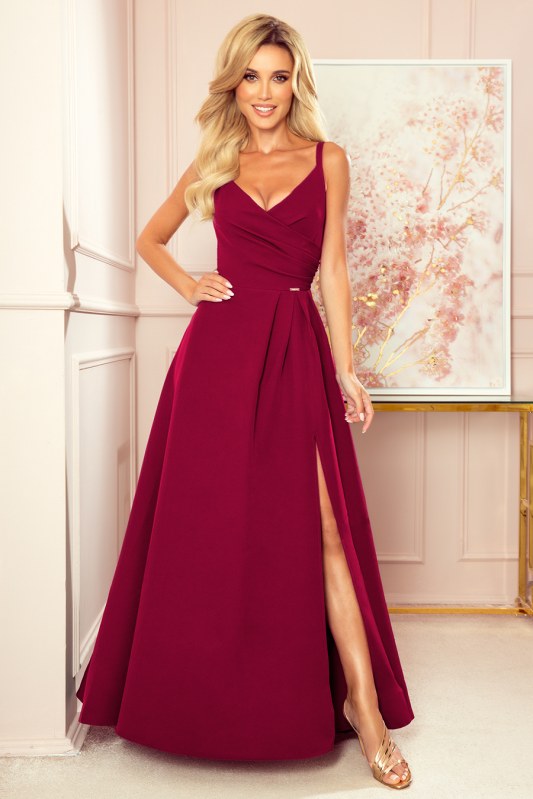 CHIARA Elegantní dámské maxi šaty ve vínové bordó barvě na ramínkách model 17892541 - numoco - Doplňky čepice, rukavice a šály
