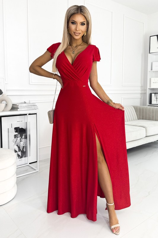 CRYSTAL - Dlouhé červené lesklé dámské šaty s výstřihem 411-2 - Dámské saka
