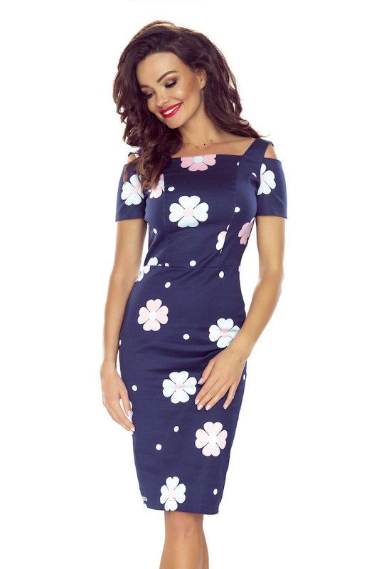 Elegantní tmavě modré květované dámské šaty s krátkými rukávy 440-3 - Dámské saka