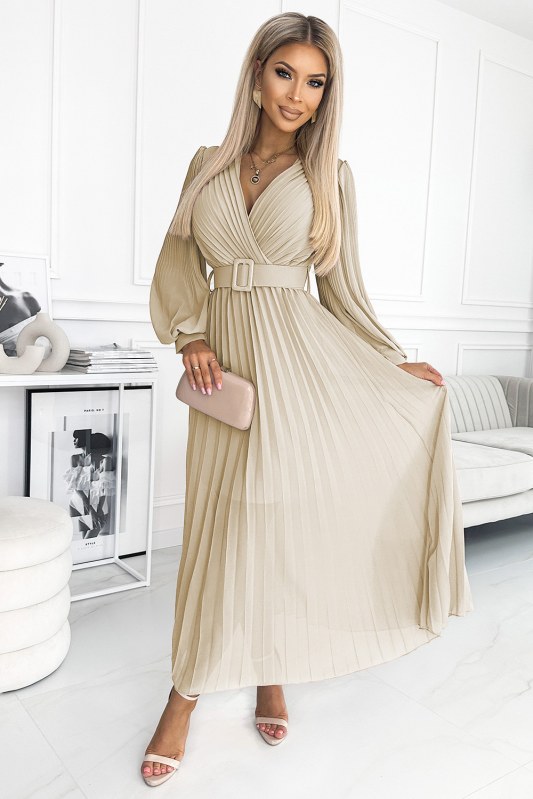 Béžové dámské plisované šaty s opaskem a výstřihem model 18462563 - numoco basic - Dámské saka