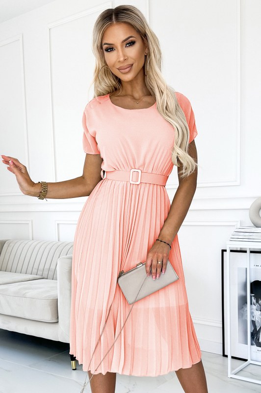 MIA Plisované dámské midi šaty v broskvové barvě se širokým opaskem model 22176380 - numoco basic
