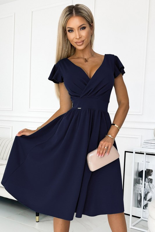 MATILDE - Tmavě modré dámské šaty s výstřihem a krátkými rukávy 425-3 - Dámské saka
