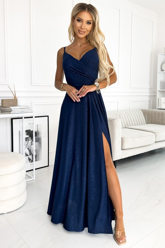 CHIARA Tmavě modré elegantní dámské maxi šaty na ramínkách s model 18805788 - numoco - Dámské saka