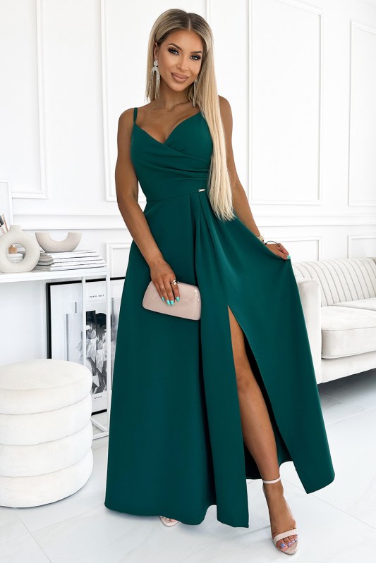 CHIARA - Elegantní zelené dámské dlouhé maxi šaty na ramínkách 299-11 - Dámské saka