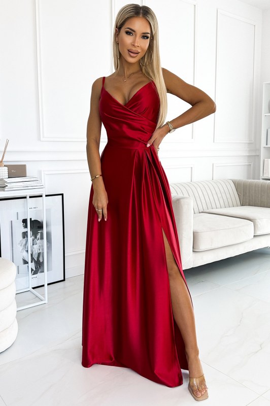 CHIARA - Elegantní červené dlouhé dámské saténové maxi šaty na ramínkách 299-14 - Dámské saka