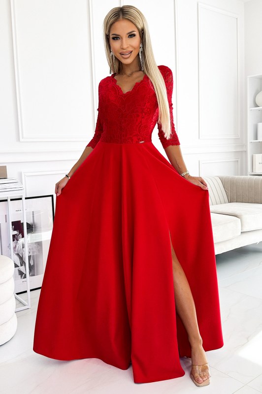 Elegantní červené dlouhé dámské krajkové šaty s výstřihem a rozparkem na model 19144269 - numoco - Dámské saka