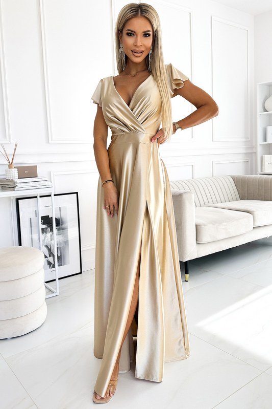 CRYSTAL - Dlouhé zlaté saténové dámské šaty s výstřihem 411-7 - Dámské saka