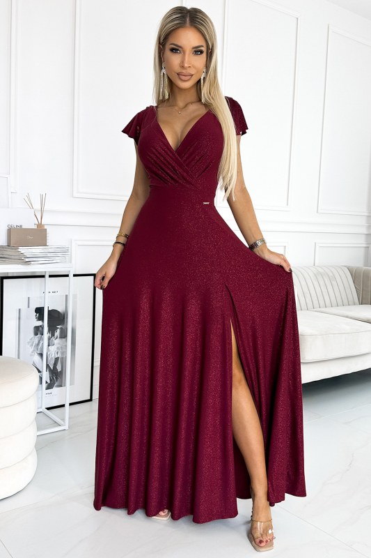 CRYSTAL - Dlouhé lesklé dámské šaty ve vínové bordó barvě s výstřihem 411-8 - Doplňky čepice, rukavice a šály