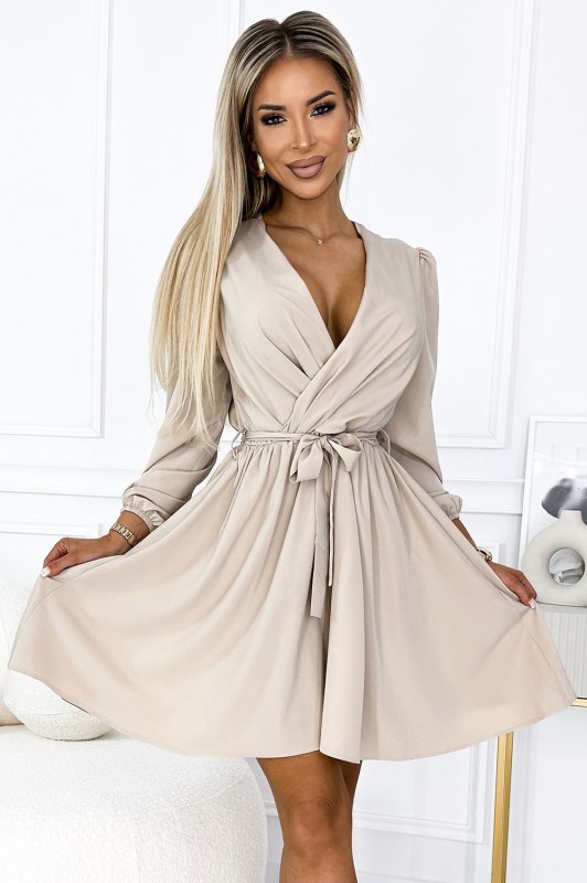 béžové dámské šaty s výstřihem a páskem model 19400905 - numoco