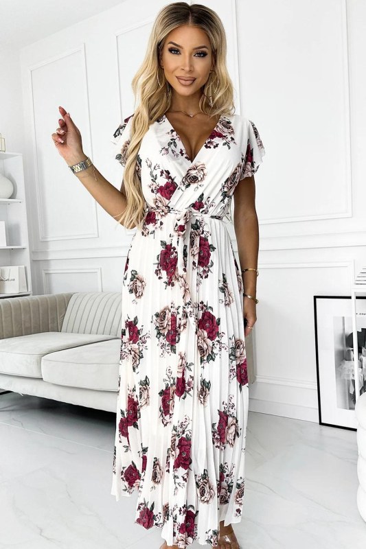 Plisované midi šaty s výstřihem a volánky ecru + vínové květy model 21097879 - numoco basic