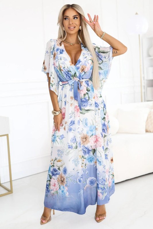 model 22401918 Vzdušné maxi šaty s obálkovým výstřihem a květinovým vzorem BLUE ROSE - numoco basic