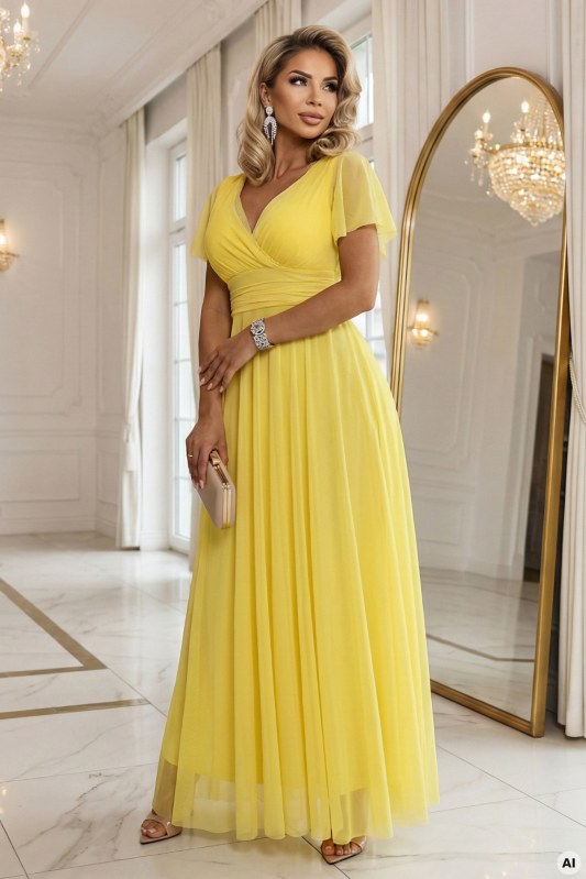 Dlouhé šaty s&nbsp;výstřihem, kosticemi a&nbsp;krátkými rukávy lemon model 21955154 - numoco basic - Dámské saka