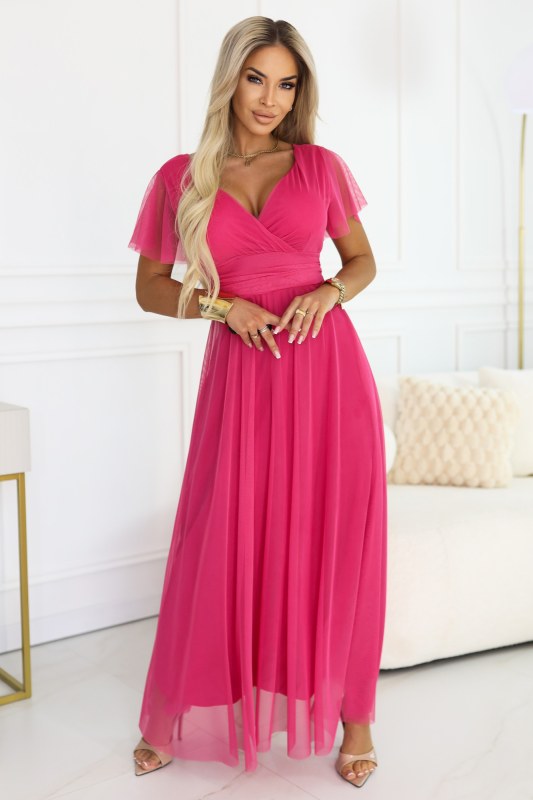 Dlouhé šaty s&nbsp;výstřihem, kosticemi a&nbsp;krátkými rukávy model 21955756 - numoco basic - Dámské saka