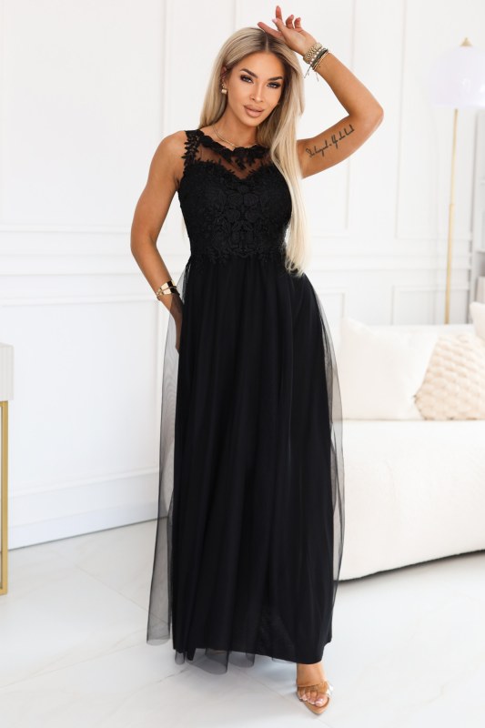 maxi šaty s krajkou a tylem černé model 22124239 - numoco basic