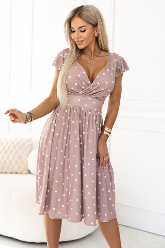 MATILDE midi šaty s obálkovým výstřihem a krátkými rukávy béžové s model 22178261 - numoco