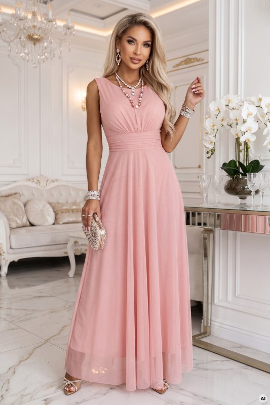 dlouhé maxi šaty s kulatým výstřihem – pudrově růžové model 22261871 - numoco basic