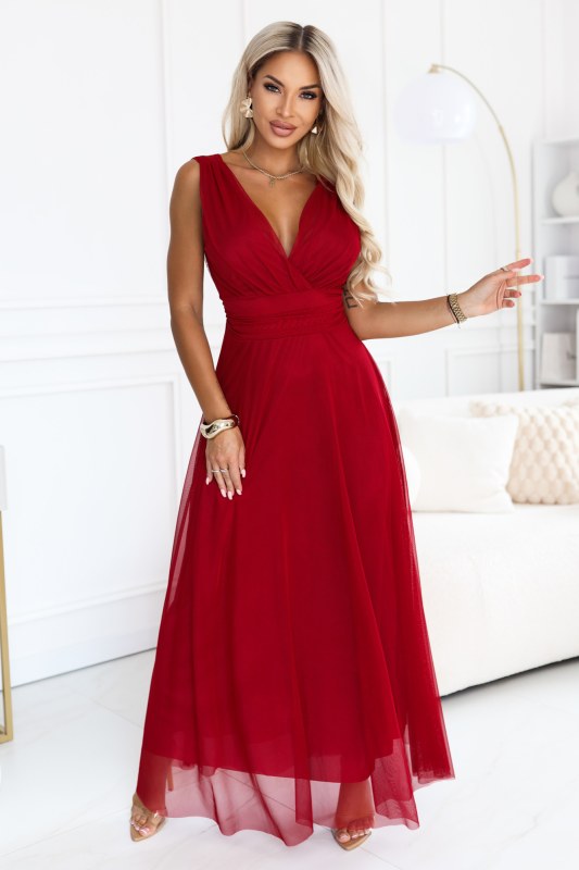 model 22302473 Elegantní maxi šaty s výstřihem do V a odhalenými zády – světle vínová - numoco basic