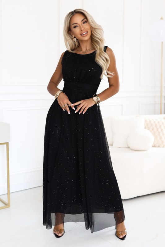 dlouhé maxi šaty s&nbsp;tylem a&nbsp;kulatým výstřihem – černé model 22302479 - numoco basic - Dámské saka