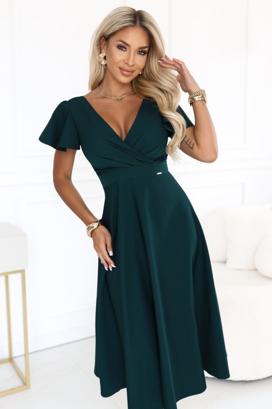 midi šaty s výstřihem do V a krátkými rukávy – zelené model 22304048 - numoco