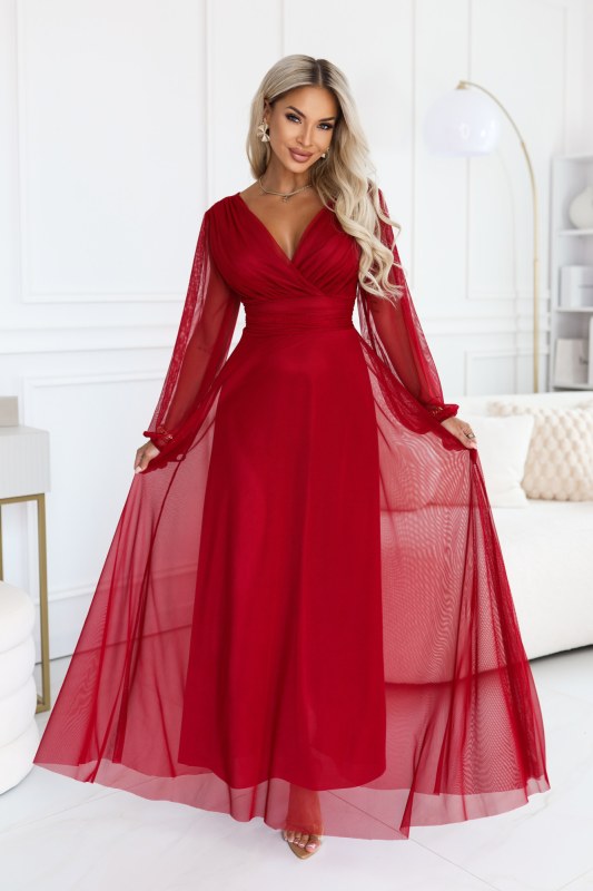 – elegantní tylová maxi šaty s výstřihem do V – světle vínová model 22343644 - numoco basic