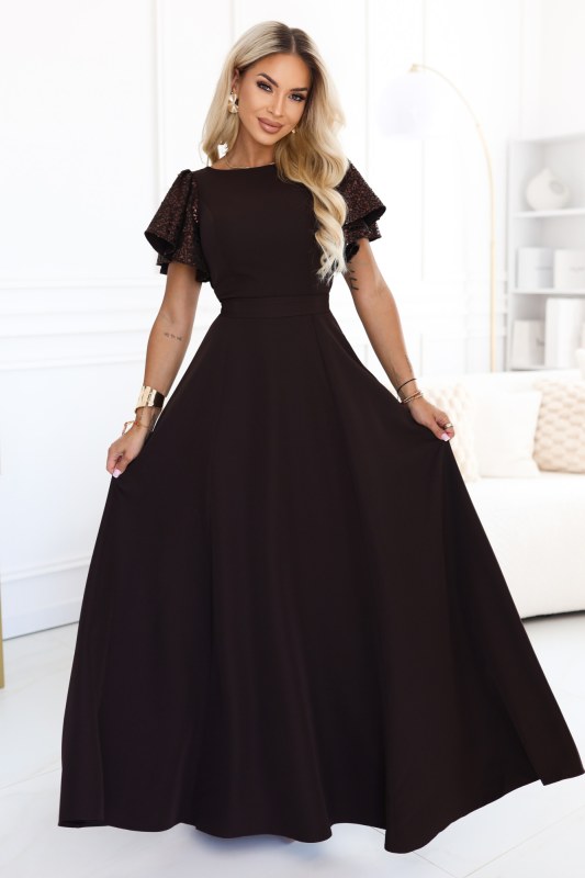 Elegantní se maxi šaty s rukávy – hnědá model 22356547 - numoco