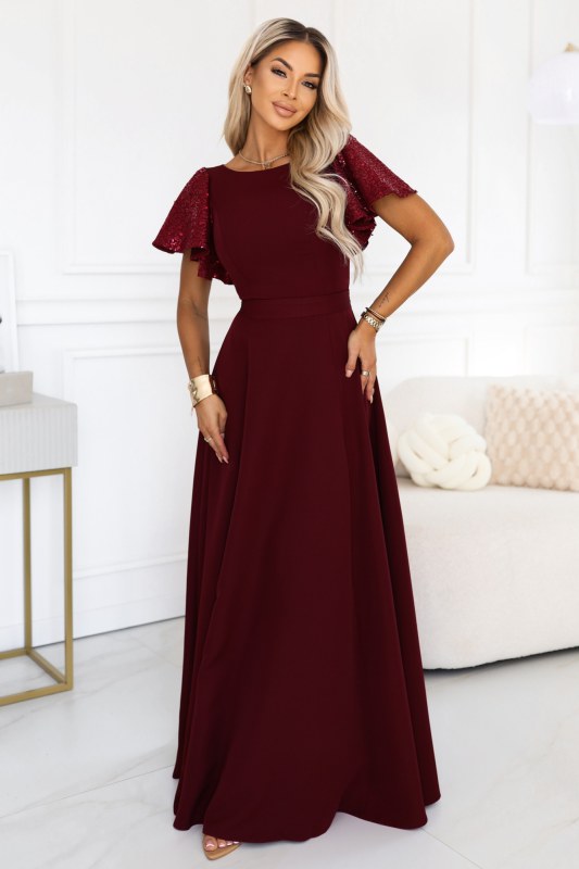 Elegantní maxi šaty s se a rukávy – vínová model 22401926 - numoco