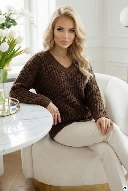 Teplý svetr oversize s vazbou a výstřihem do V model 21865253 - numoco basic