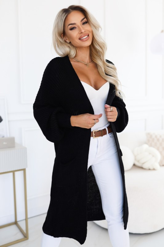 Dlouhý dámský pletený kardigan s kapsami a rukávy – černý model 22323055 - numoco basic
