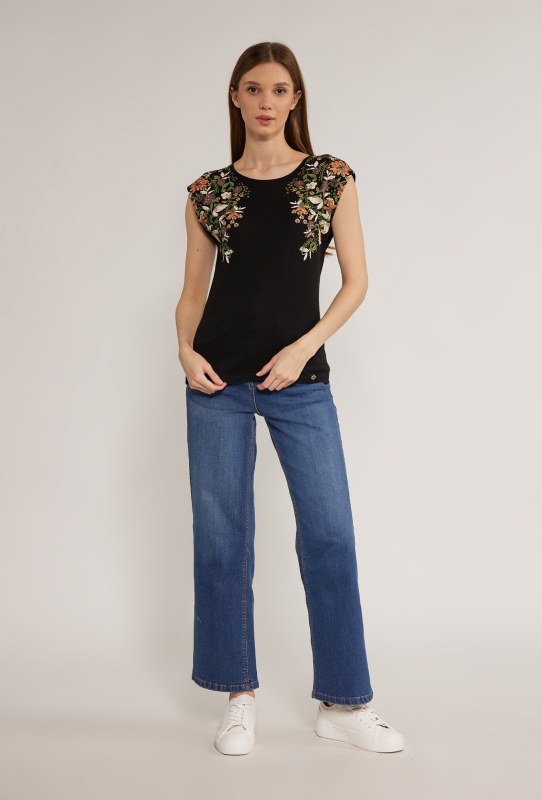 Dámské tričko s květinovým potiskem model 18523075 černé - Monnari - Dámské trika