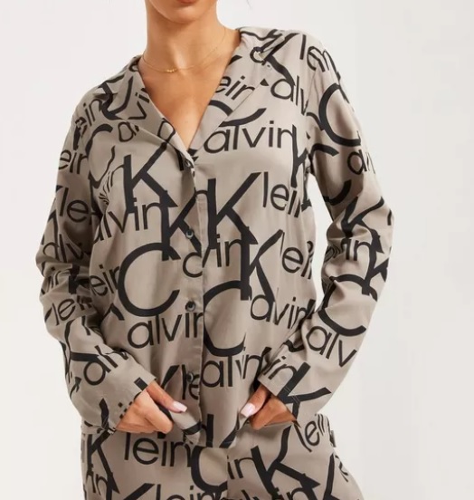 Dámský vrchní díl pyžama QS6848E 5VM béžová/černá - Calvin Klein