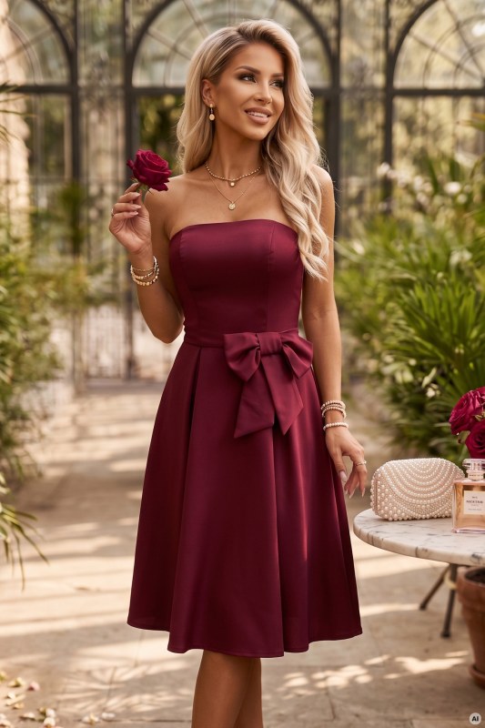 – elegantní midi šaty bez ramínek ve stylu s&nbsp;mašlí – bordó model 22405098 - numoco - Dámské saka