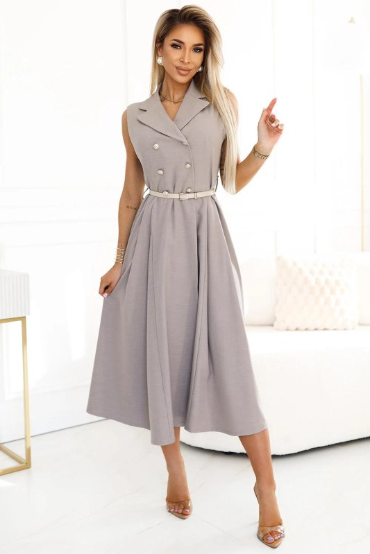 Elegantní midi košilka se zlatými knoflíky a páskem GREY model 21008342 - numoco basic