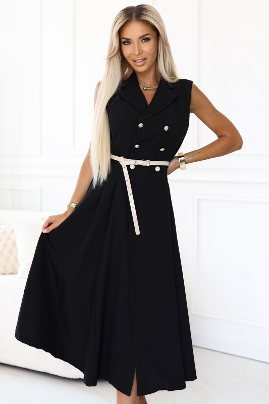 model 21212554 Elegantní midi košilka se zlatými knoflíky a&nbsp;páskem ČERNÁ - numoco basic - kabáty