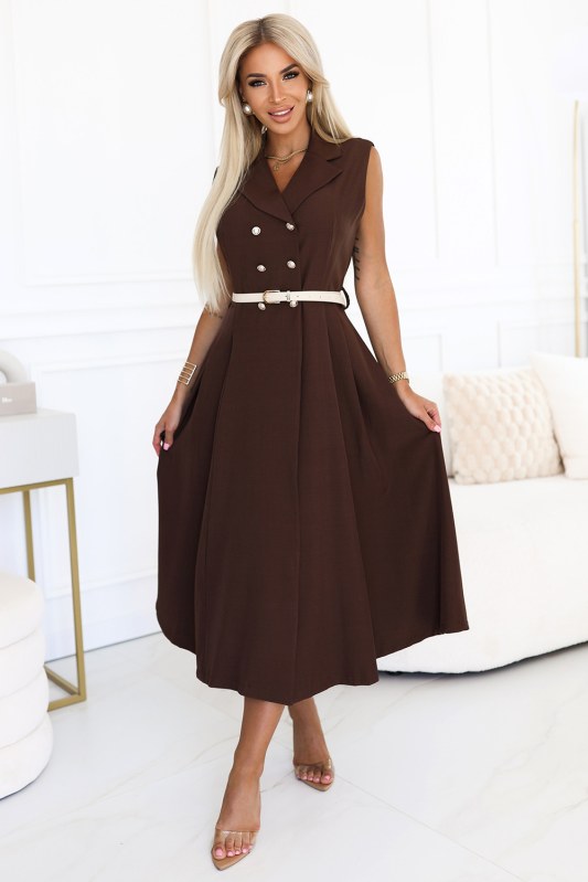 model 21232660 Elegantní midi košilka se zlatými knoflíky a páskem CHOCOLATE - numoco basic