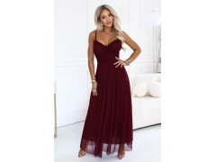tylová maxi šaty na ramínka s výstřihem do V – vínová model 22272567 - numoco basic