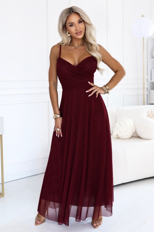 tylová maxi šaty na ramínka s výstřihem do V – vínová model 22272567 - numoco basic