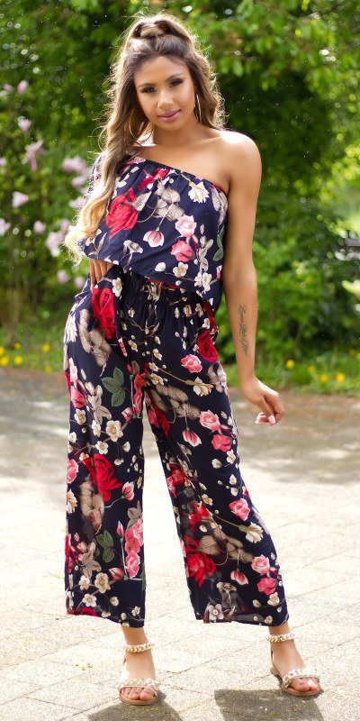 Dámský letní overal Tmavě modrá s květy Style model 21092449 - In-style Fashion Dámský letní overal Tmavě modrá s květy Style model 21092449 - In-style Fashion - Dámské overály