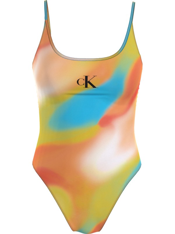 Dámské jednodílné plavky SCOOP ONE PIECE-PRINT KW0KW02086 0G0 oranžovožluté - Calvin Klein - Dámské plavky