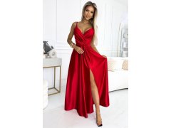 JULIET - Elegantní dlouhé červené saténové dámské šaty s výstřihem a rozparkem na noze 512-5